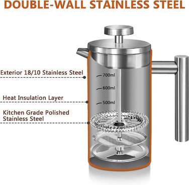 Make a French Press Coffee Maker, 21Oz Stainless Steel French Press with 3-Level Filtration System, Double-Walled Insulated French Press with 3 Filters and 1 Metal Spoon 600ml Silver