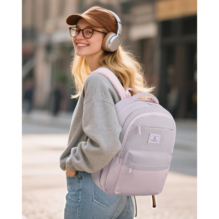 LOVEVOOK Рюкзак для жінок, 15.6 дюймів, рюкзак для ноутбука, шкільний рюкзак для дівчаток-підлітків, водонепроникний, з багатьма відділеннями, сучасний рюкзак для роботи, школи, подорожей, 15.6' (Рожевий & Сірий)