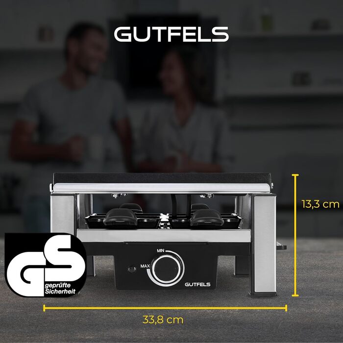 Раклетниця GUTFELS на 4 особи, 900 Вт, антипригарне покриття, сталева, чорна, плавне регулювання температури