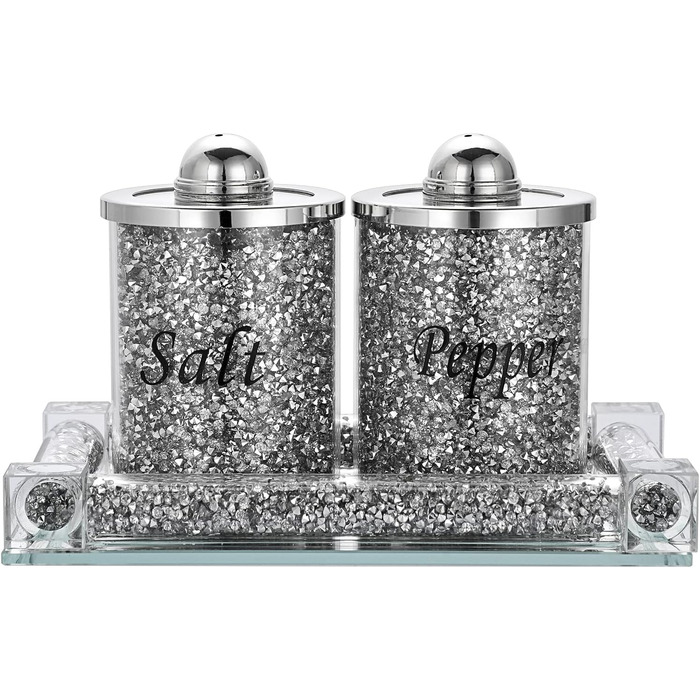 BTSKY Set of 3 Salt and Pepper Shakers with Tray, Crystal Glass, Crushed Diamonds, Salt and Pepper Containers, Storage Jar, Cooking Spice Glass, Kitchen Accessories