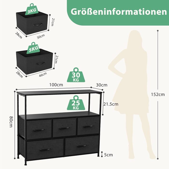 DUMOS Chest of Drawers with Drawers - Chests of Drawers & Sideboards for Bedrooms Suitable, Chest of Drawers with 9 Drawers, Fabric Chest of Drawers with Stable Steel Frame, Ideal for Bedrooms, Living Rooms (Black) (5 TV Drawers Black)