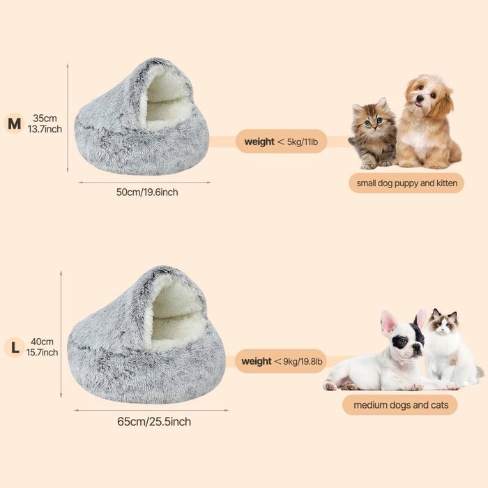 YUDANSI Cat Bed, 40cm Covered Dog Bed Cat Cave Bed Donut for Kittens Puppies, Plush Faux Fur Nest Fluffy Dog Bed Round Dog Cushion Dog Sofa Cat Bed for Cats and Small Dogs (Gray-50cm)