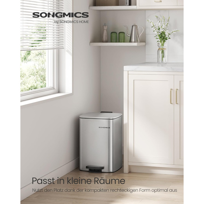 Відро для сміття SONGMICS 20 л з педаллю, сталеве, з внутрішнім відром, Soft-Close, металік срібло