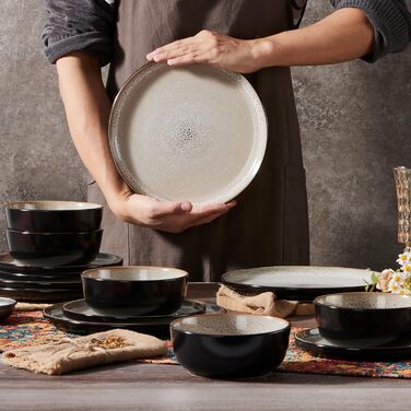 Набір посуду HaWare на 6 осіб, 18 предметів: тарілки, десертні тарілки, миски. З реактивною глазур’ю, стійкий до миття в посудомийній машині та використання в мікрохвильовій печі, бежевий колір.