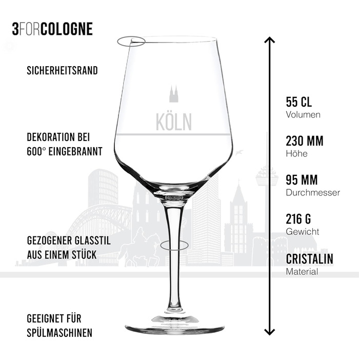 Set of 2 Cologne Wine Glasses | Gift in elegant packaging | Screen print, more detailed than engraving | Wine glass set usable as red wine glasses or white wine glasses | XL glasses as a souvenir.