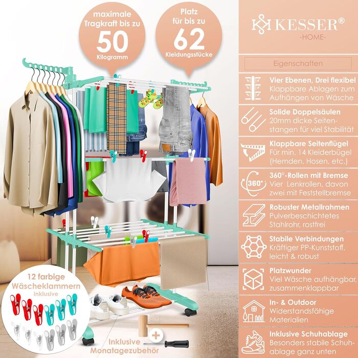 Кесер® Сушилка для білизни з колесами - Турбо-модель, 4 яруси, білий/антрацитовий, з кліпсами