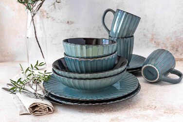 MÄSER Confino Dinnerware Set - 20 Piece Ceramic Dinner Set for 4 - Vintage Style with Black Accents (Petrol Color)