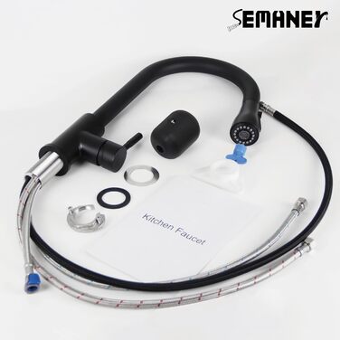 Кухонний змішувач SEMANEY з витяжною насадкою, чорний матовий, з 3 функціями, 360° обертання, з нержавіючої сталі