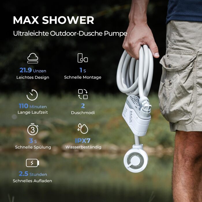 FLEXTAILGEAR Max Shower Portable Camping Ultra-Lightweight Shower with Battery, Portable Outdoor Camping Shower, Travel Shower with Rechargeable USB-C Water Pump, Pet Cleaning, Beach Vacation