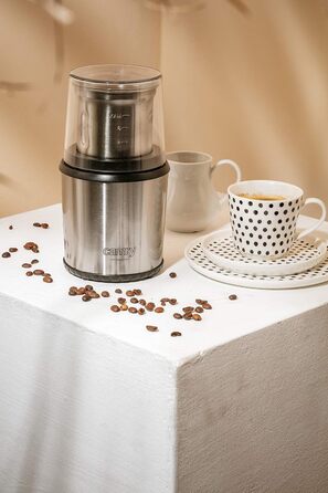 CAMRY CR 4444 Coffee Grinder with Safety Lid, 75g Capacity, 400W, Stainless Steel Housing, Safe Electric Grinder with Spoon, Electric Propeller Grinder with Transparent Lid, Silver