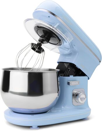 Кухонна машина Clatronic Retro 5 л, 1100 Вт, для замішування тіста, з гачком і вінчиком, збризкозахист, синя