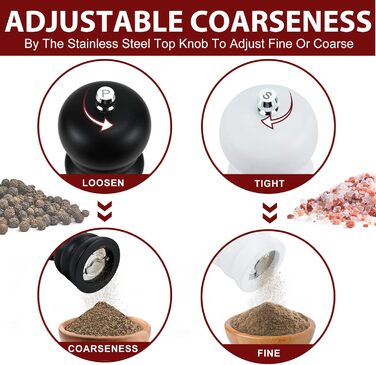 Набір для солі та перцю: ручні млини для перцю та солі, чорного кольору, великі. Дерев'яні млини для спецій з регульованою керамічною помелювальною камерою (від дрібної до грубої). 6,5 дюйми для морської солі, чилі, грубої солі (чорний та білий), 2 шт.