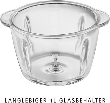 Електричний подрібнювач WMF Kult X – міні-подрібнювач, блендер для овочів, зелені та горіхів, 1л, скло, нержавіюча сталь, компактний, миється в посудомийній машині