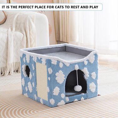 Будиночок-лежанка для кота ERNAN з когтеточкою та іграшкою, розкладний, синій, S