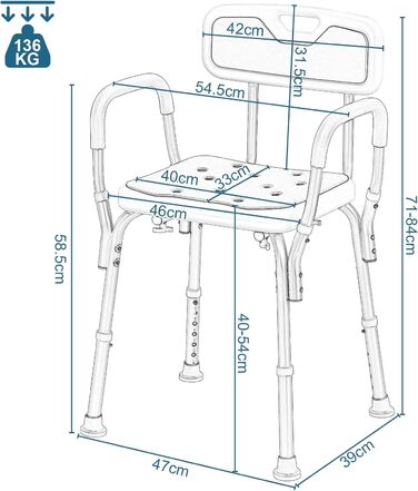 EUGAD Shower Chair, Shower Stool for Seniors, with Armrests and Backrest, Height Adjustable 6 Levels, 40 cm-54 cm, Non-Slip Shower Seat, Stable Bath Seat, Made of Aluminum and Plastic, White and Blue