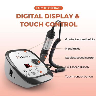 Nagelfräser JCMaster Profi: Електрична шліфувальна машинка для нігтів з педаллю, 35000 об/хв, 6 біт, чорна