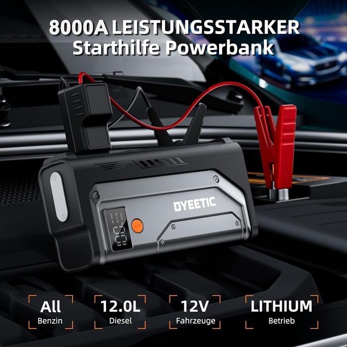 Пусковий пристрій (бустер) для автомобіля Starthilfe Powerbank 8000A, 26800mAh, чорний