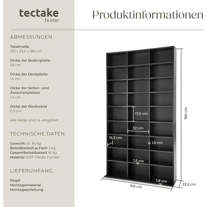 tectake Regal Storage, open shelf cabinet standing for CDs, DVDs, as a bookcase, room divider, stand or display case for collections and hobbies - black