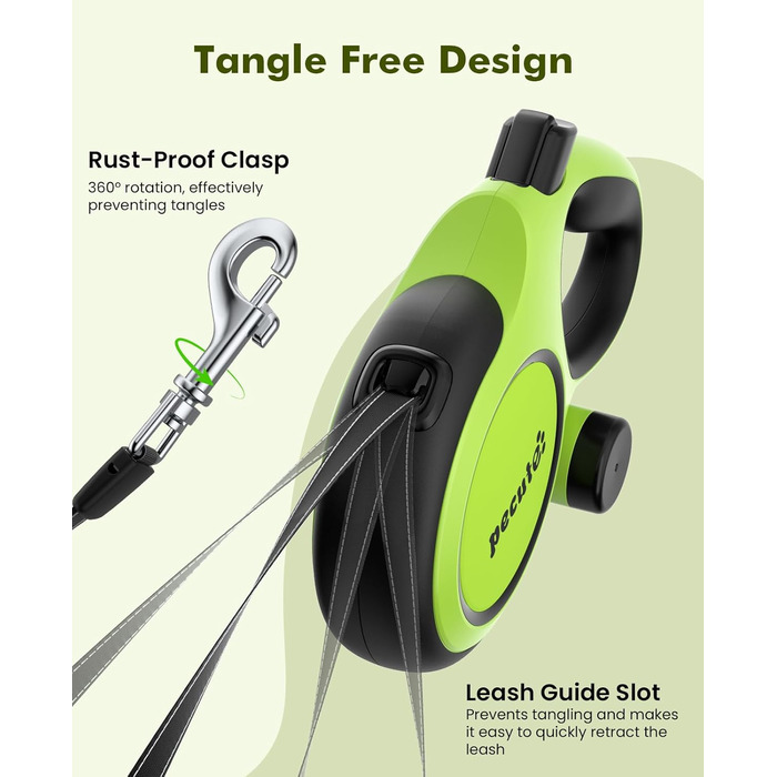 Рулетка для собак Pecute 8м, бісостійка, з набором для збору відходів, 360° без перекручування, для собак середніх та великих (15-50кг), зелена