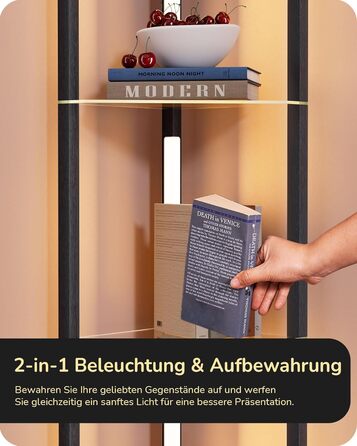 Стійка лампа EDISHINE з 4 полицями з дерева, LED диммер, 3 колірні температури, поворотний світловий маніпулятор, підсвічування полиць, футовий вимикач (чорний+скло)