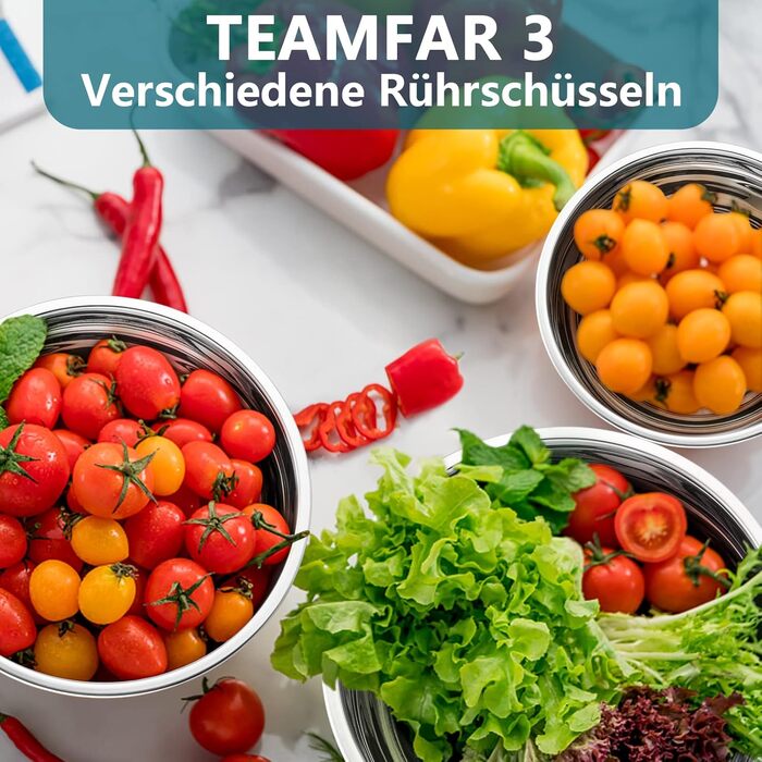 Набір мисок TEAMFAR з нержавіючої сталі, 3 шт. з кришками, 4.5L / 2.5L / 1.5L, для приготування, випічки та сервірування, блакитний, придатні для миття в посудомийній машині