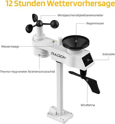 Метеостанція Raddy WF-100C Lite: Професійна бездротова метеостанція 13-в-1 з датчиком, барометром, гігрометром, термометром (внутрішнім/зовнішнім), вимірювачем вітру та дощу, прогнозом погоди для дому та саду