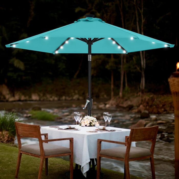 MasterCanopy 230 cm Parasol with 24 Solar-LED Patio Umbrella Garden Umbrella Terrace Umbrella Table Umbrella Market Umbrella, Turquoise
