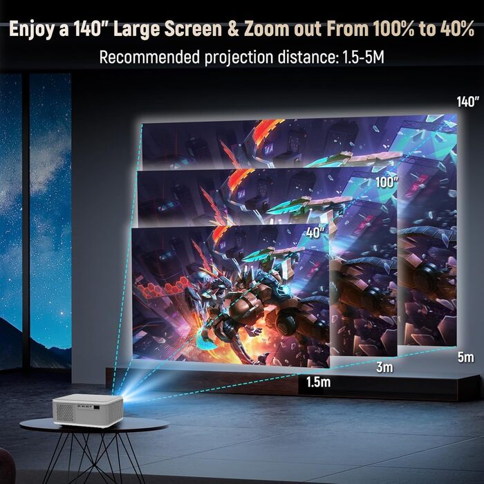 Портативний проєктор Mini Beamer 4K/1080p з Wi-Fi 6 та Bluetooth 5.4. Підтримка Auto Keystone, 200-дюймовий екран, сумісний з ноутбуками, смартфонами та TV (сірий)