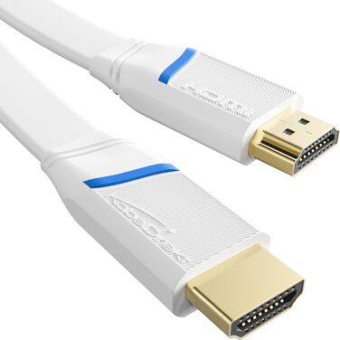Плоский HDMI кабель KabelDirekt – 2 метри, 4K@60Hz, Ethernet, для Blu-ray, PS5/Xbox Series X/Switch, білий