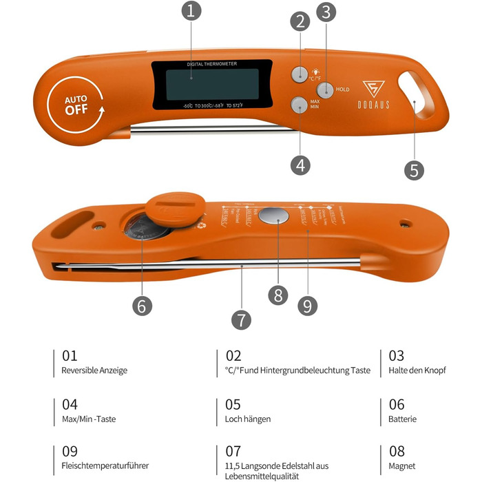 Цифровий термометр для м'яса DOQAUS: приготування на грилі, BBQ, приготування їжі. Швидке зчитування, довга сонда, LCD-дисплей, автовимкнення.