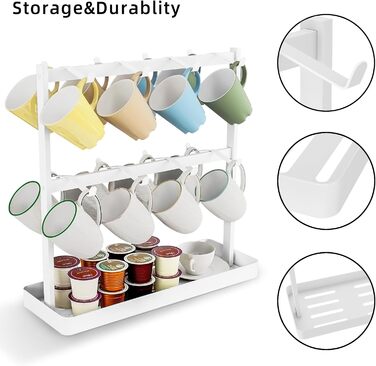 YUMORE Mug Rack with 16 Hooks, Mug Stand, Metal Coffee Cup Holder with Storage Bottom, Coffee Cup Holder, Cup Rack for Kitchen, Dining Room, Cafe Counter, 42 * 15 * 41.5cm (White)