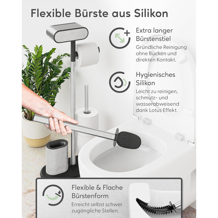 QUALISH Stainless Steel Toilet Paper Holder with Brush - Standing Toilet Paper Roll Holder with Silicone Brush - White & Black Finish