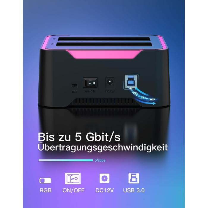 Док-станція Inateck USB 3.0 для HDD/SSD 2.5/3.5 дюймів, Dual-Dock, підтримка Offline-клонування, RGB, SA02002