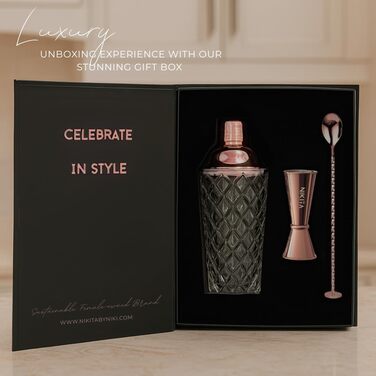 Набір шейкерів для коктейлів зі склом та ситом, 5 шт., 450 мл, з мірним стаканчиком та барною ложкою з пестиком, подарункова коробка (рожеве золото)