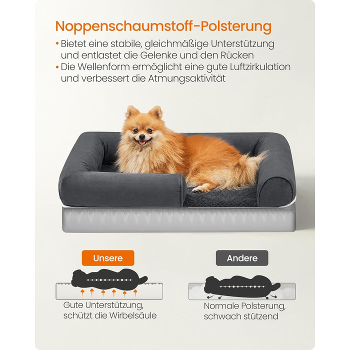 Feandrea Orthopedic Dog Bed, Dog Cushion, Dog Basket, Soft Padding, Dog Sofa, Raised Edges, Removable and Washable Cover, 91 x 71 x 20 cm, Non-Slip Bottom, PGW076G01 (L 76 x W 51 x H 18 cm, Dark Grey)
