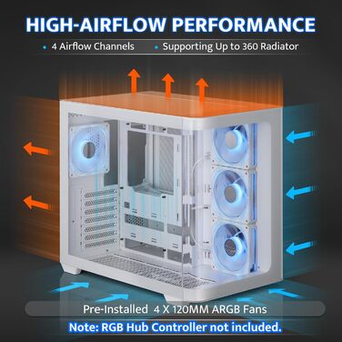 darkFlash ATX корпус для ігрового ПК Mid-Tower з 4 ARGB вентиляторами, скло для фасаду, 2 відсіки, Type-C, підтримка 2x360 AIO, (DPW90)