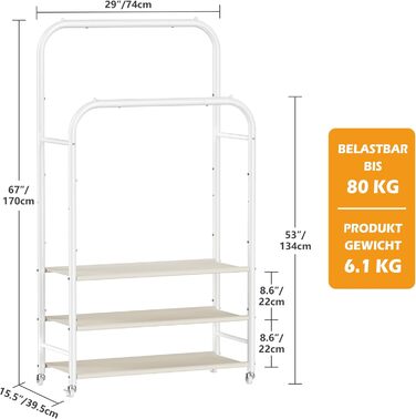 Вішалка для одягу HOMIDEC з 3 полицями, подвійна штанга на колесах, металевий каркас, біла - до 80 кг