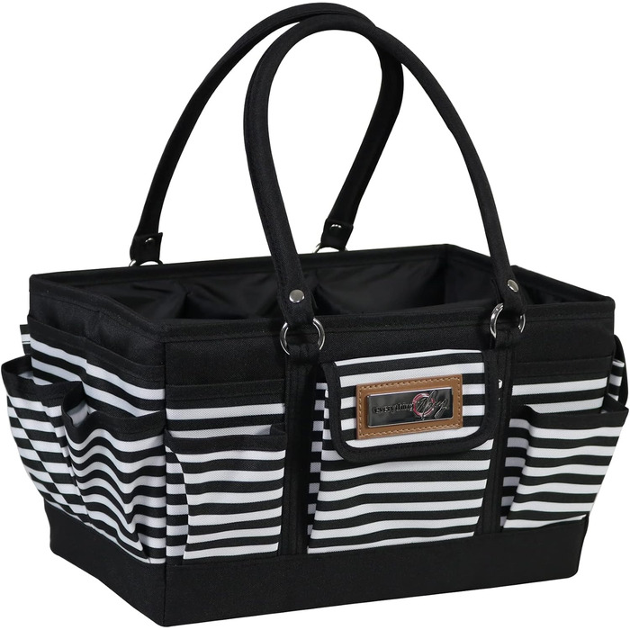 Everything Mary Blaugruner, geometric deluxe store and tote bag, organizer for crafts, sewing, paper, art, desk, canvas, accessories, storage with handles for travel (black and white stripes)