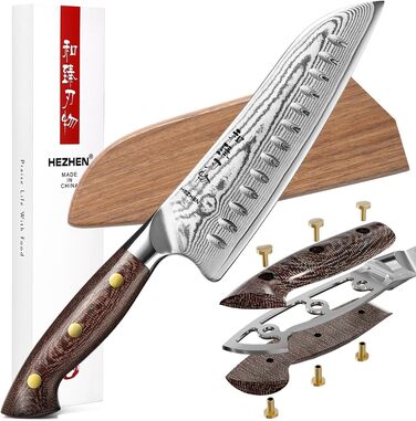 HEZHEN 21см ніж шеф-кухаря з дамаської сталі, 67 шарів, професійний кухонний ніж з дерев'яною піхвою, Full Tang ручка з Micarta