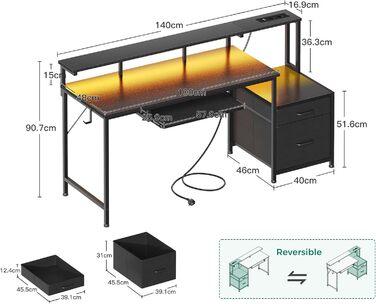 Ігровий стіл Coleshome з LED підсвічуванням, 140x48 см, з ящиками з тканини, стіл для комп'ютера з 2 розетками та 2 USB-портами, стіл для геймінгу з підставкою для монітора для дому/офісу, чорний 140x48 см