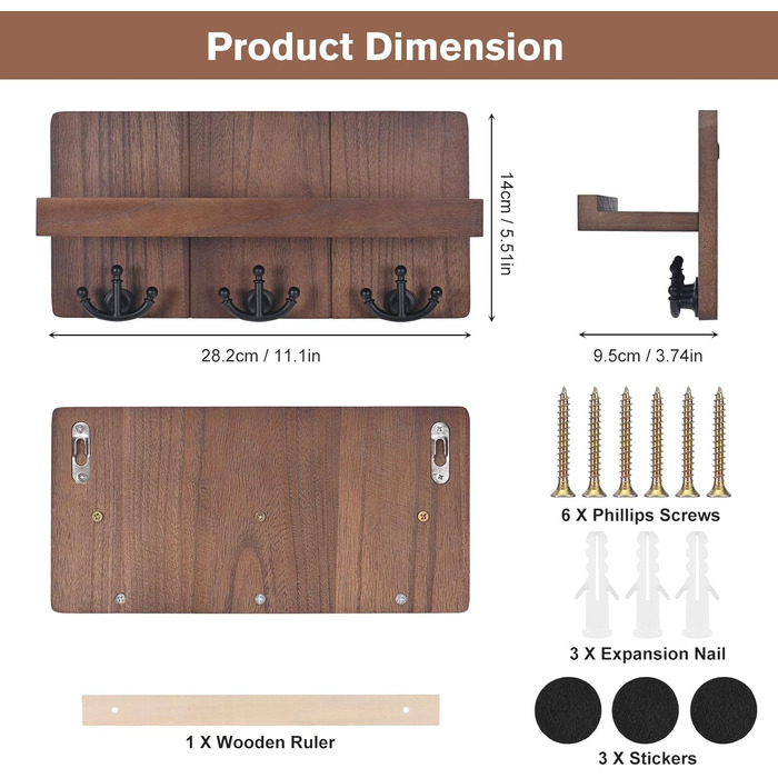 Дерев'яне ключниця з полицею та 6 гачками, ключниця на стіну для прихожей, коридору, кухні (Колір: Коричневий)