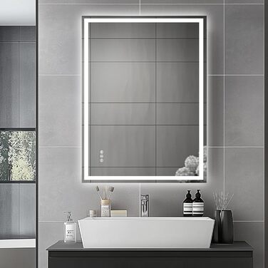 Дзеркало для ванної кімнати зі світлом, 70x50 см, з сенсорним вимикачем, проти запотівання, 3 кольори світла, регулювання яскравості, Bluetooth (80x60 см)