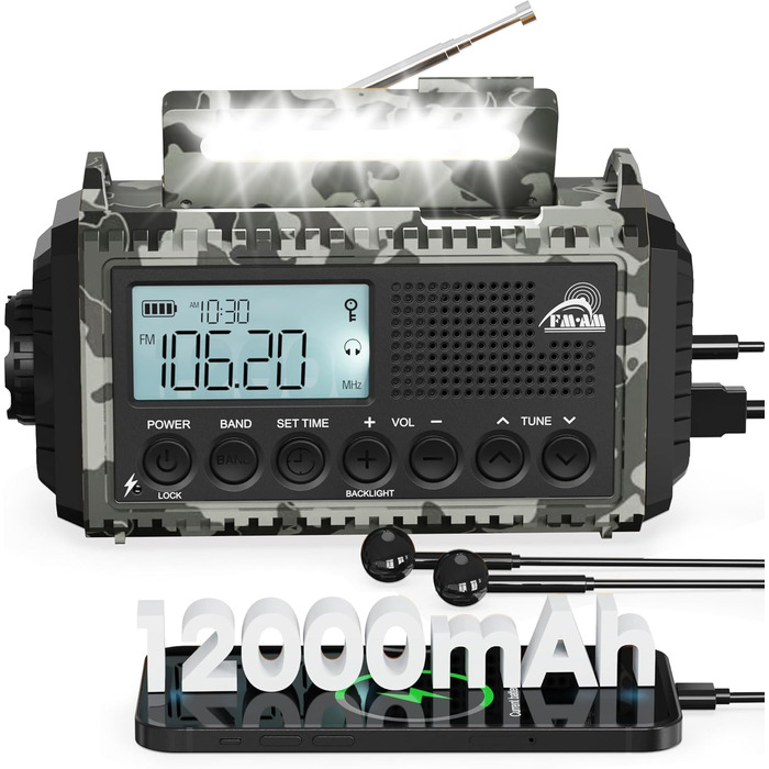 Радіо Kurbelradio на сонячній батареї та з ручкою, 12000mAh, AM/FM/SW, USB-зарядка, SOS-сигнал, для кемпінгу та надзвичайних ситуацій, зелений (сірий камуфляж)