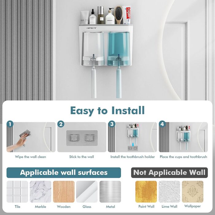 NPET Bathroom Toothbrush Holder, 3 Cups, Toothbrush Holder Set, Wall Mount, Ideal Bathroom Accessory Organization (2 Cups, Grey)