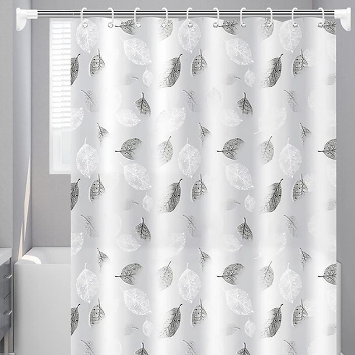 Шторка для душу 180x200 см, біла з листям, антигрибкова, з 12 гачками, для дому, готелю, ванної кімнати