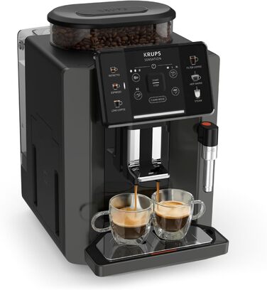 Krups Sensation Fully Automatic Coffee Machine, Milk Frother, 5 Drinks, Filter Coffee Function, 2-Cup Function, Coffee Machine, Black, EA910810 Single