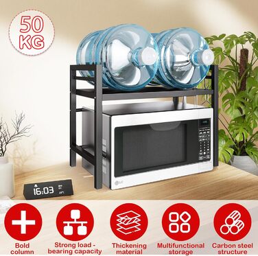 Регульована полиця для мікрохвильової печі UCAMP, розширювана, 2-рівнева, з вуглецевої сталі, для організації кухні, з підставкою для обрізної дошки та 6 гачками (чорна)