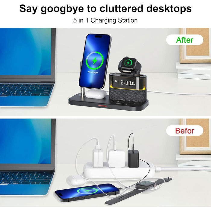 5-в-1 Бездротова зарядна станція з годинником та нічником для iPhone 17/16/15/14/13/12 Pro Max, Apple Watch, AirPods - 33W адаптер, білий