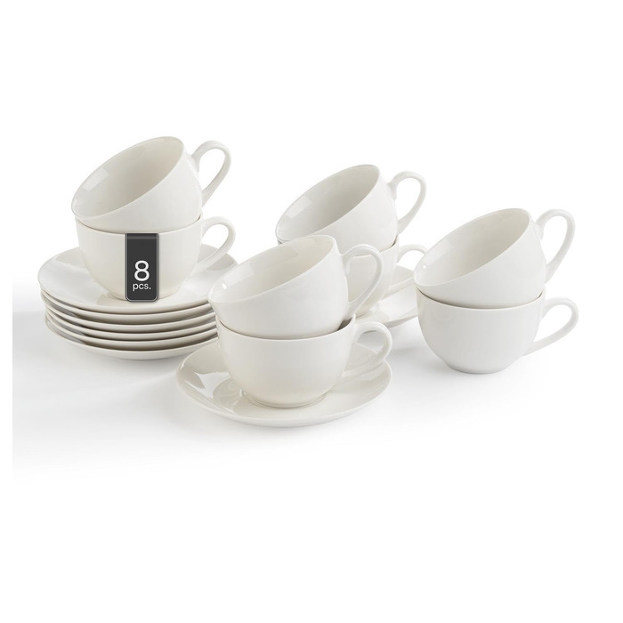 Набір чашок для капучино з блюдцями, Bone China, 220 мл, білі, 8 предметів