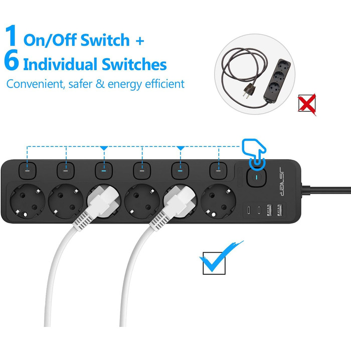 Многорозеткова смуга JSVER 5-портова з індивідуальним вимикачем, 2 USB-A та 2 USB-C (17W), розширювач на 2м для смартфонів, ноутбуків - білий (чорний 6-портова)